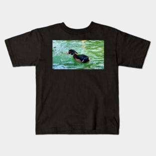 A Wood Duck Swimming With Its Bill Open Kids T-Shirt